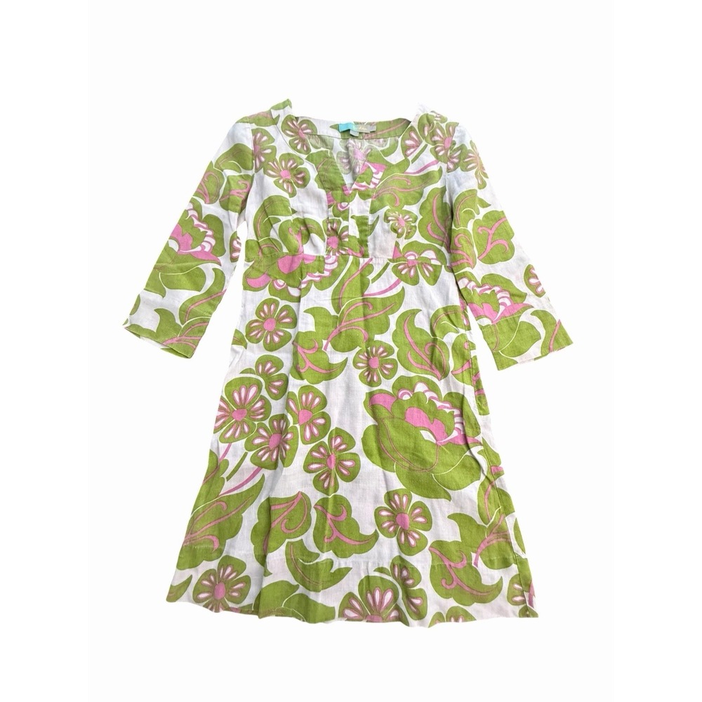 Boden Tunic Dress Sz 4 Floral 100% Linen 3/4 Sleeve Womens Tropical #JJJ15-2